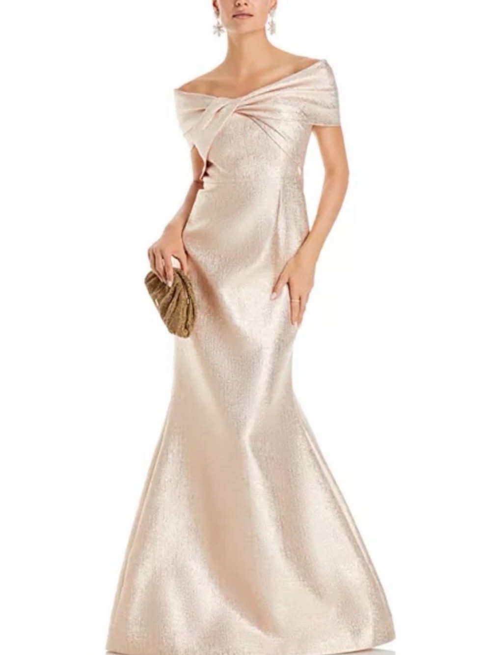 Teri Jon by Rickie Freeman off Shoulder Metallic Jacquard Gown in Pink Gold
